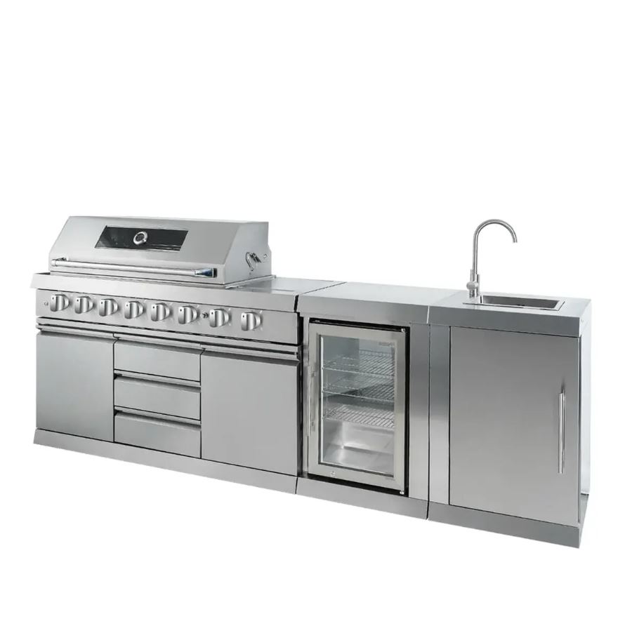 Stainless Steel Outdoor Kitchen with 6 Main Burners, Rear Burner, Side Burner, Integrated Sink & Refrigerator