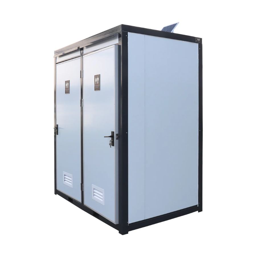7' Portable Restroom with Two Private Stalls, Ceramic Toilets and Sinks, Solar-Powered Exhaust Fan TMG-FTD07