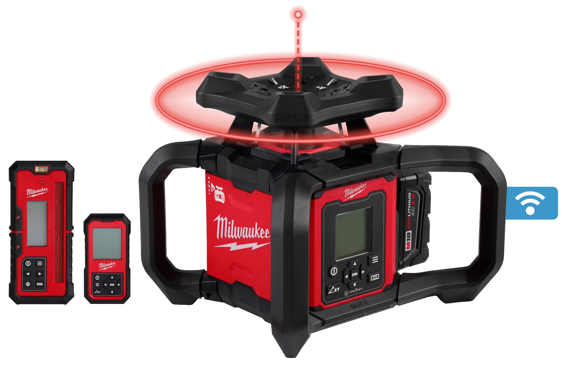 M18™ Red Exterior Dual Slope Rotary Laser Level Kit w/ Receiver, Remote, Grade Rod & Tripod