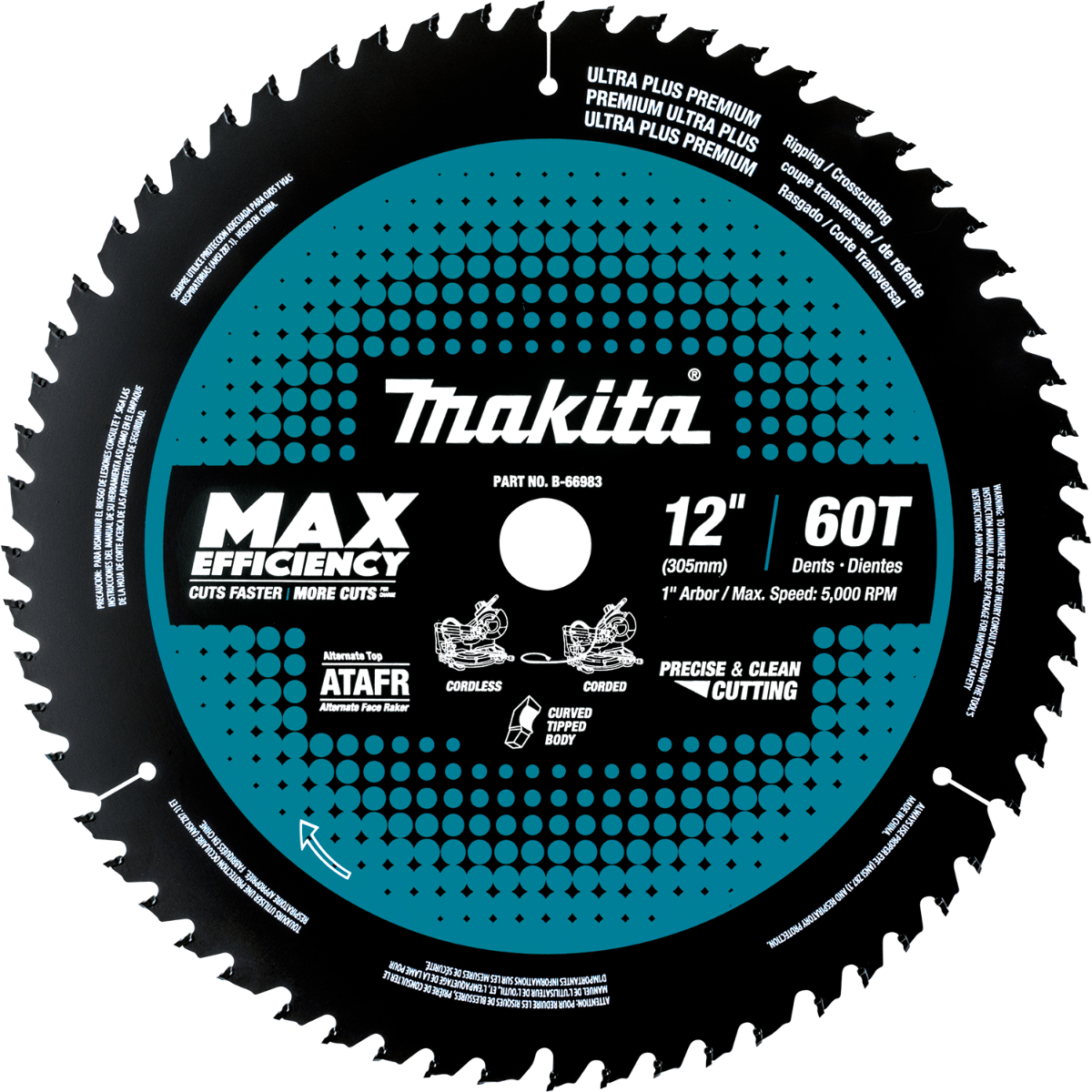 12" 60T Carbide‑Tipped Max Efficiency Miter Saw Blade