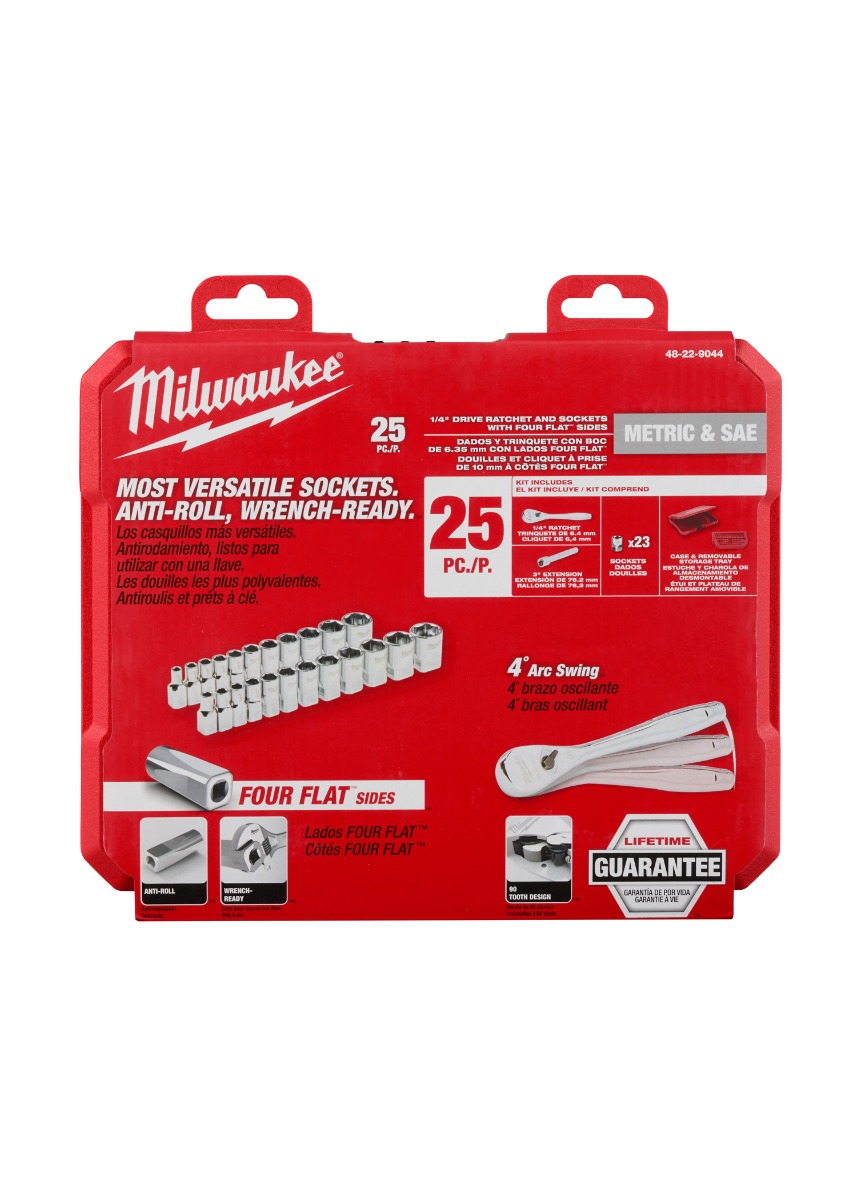 25pc 1/4" Drive Metric & SAE Ratchet and Socket Set with FOUR FLAT™ SIDES