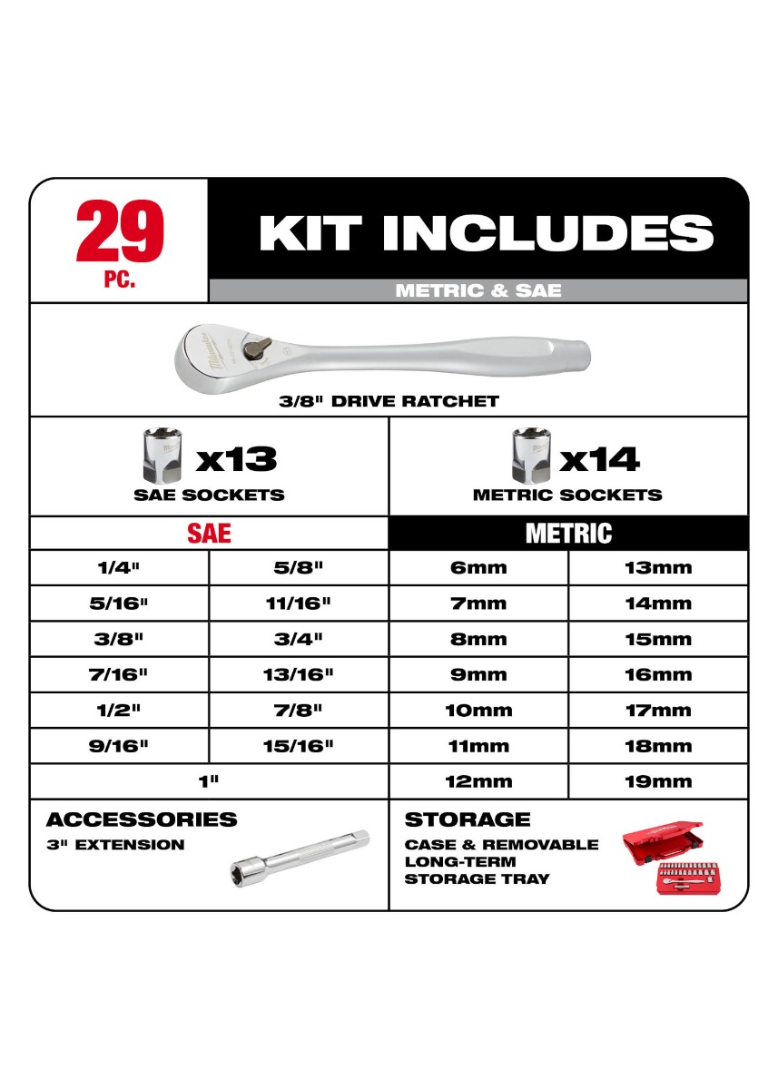 29pc 3/8" Drive Metric & SAE Ratchet and Socket Set with FOUR FLAT™ SIDES