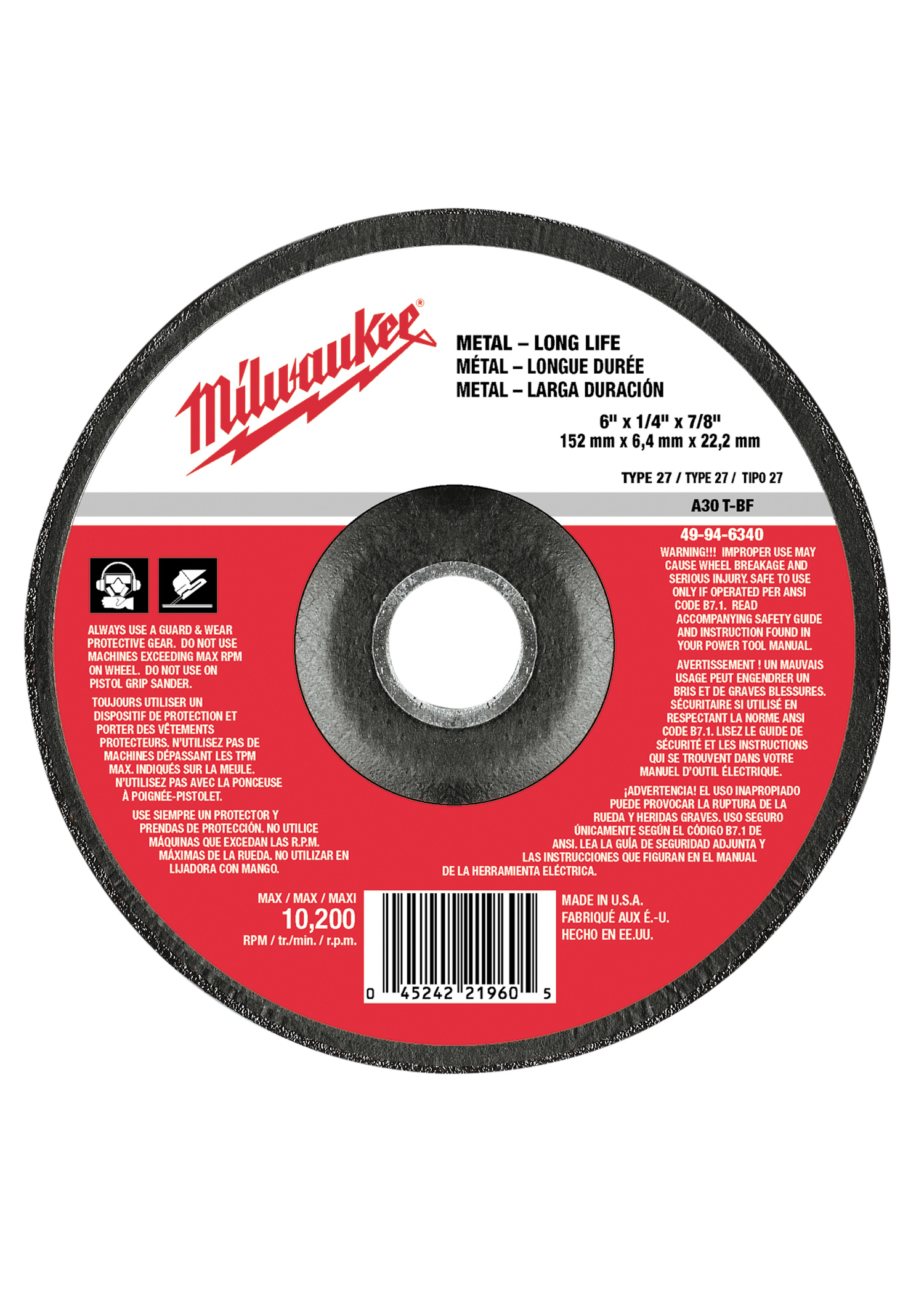 6 in. x 1/4 in. x 7/8 in. Grinding Wheel (Type 27) 10 PACK