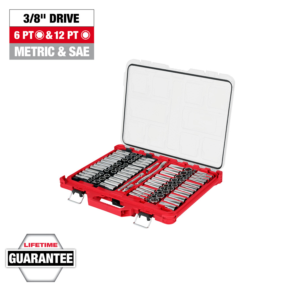 98pc 3/8" 6-Pt and 12-Pt Metric & SAE Ratchet & Socket Set with PACKOUT™ Low-Profile Organizer