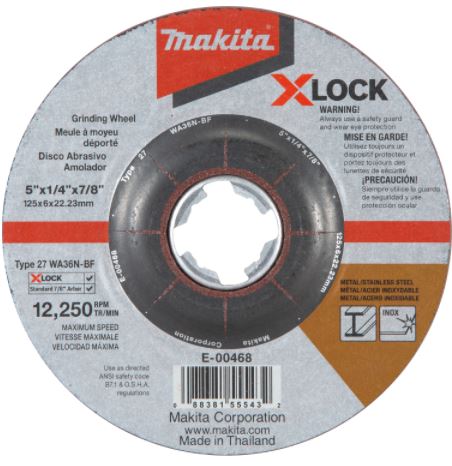 X‑LOCK 5" x 1/4" x 7/8" Type 27 General Purpose 36 Grit Abrasive Grinding Wheel for Metal & Stainless Steel Grinding