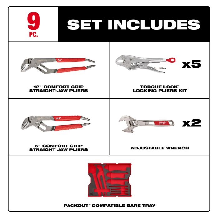 Milwaukee 48-22-0160 9pc. Pliers & Wrench Set with Tray for