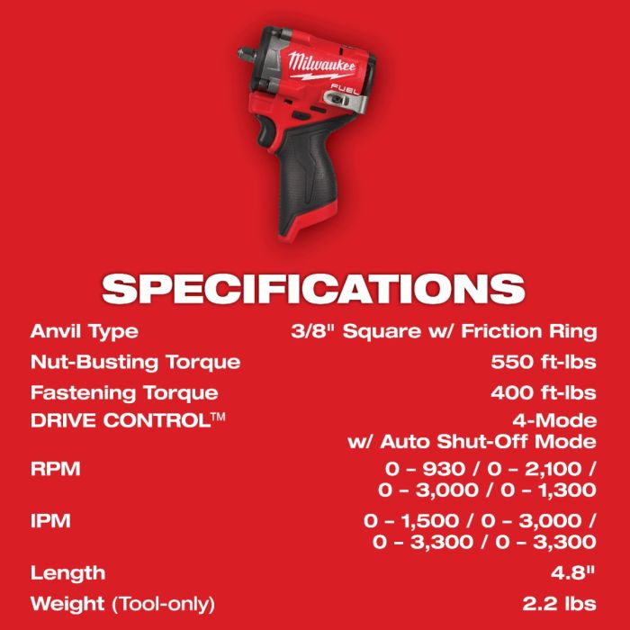 Milwaukee 2562 21 M12 FUEL Stubby 3 8 Impact Wrench Kit