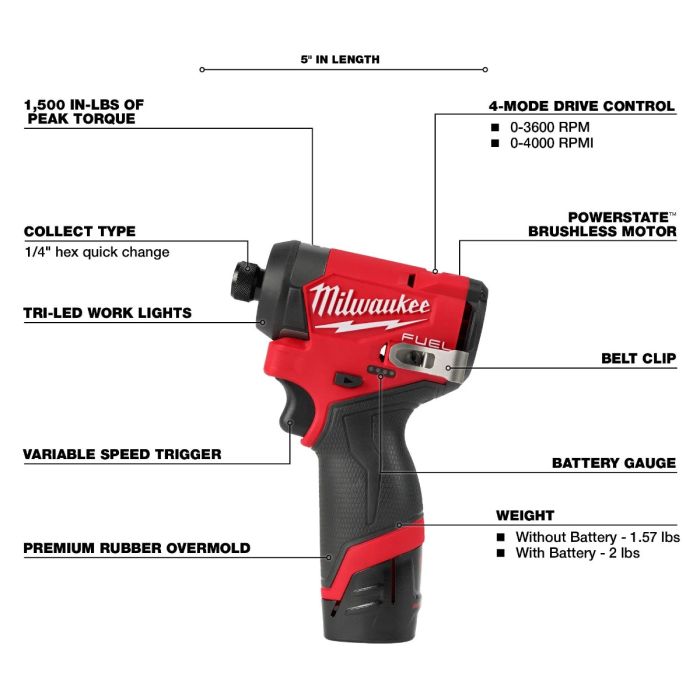 Milwaukee 3453 22 M12 FUEL 12V Li Ion Brushless Next Generation 1 4 in Hex Impact Driver Kit w 2 2.0Ah Batteries