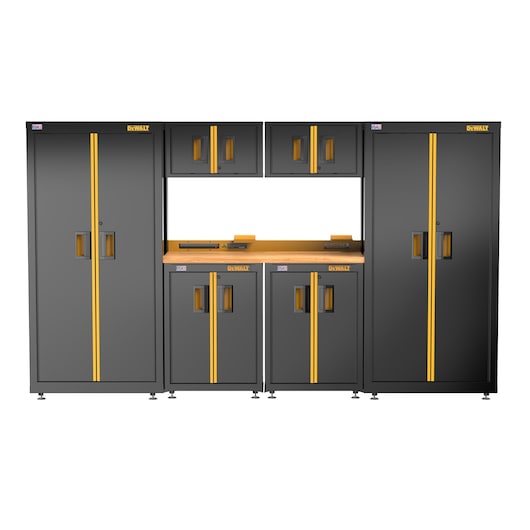 DEWALT 126 in. Wide, 7 Piece Welded Storage Suite with 2, 2-Door Base Cabinets and Wood Top