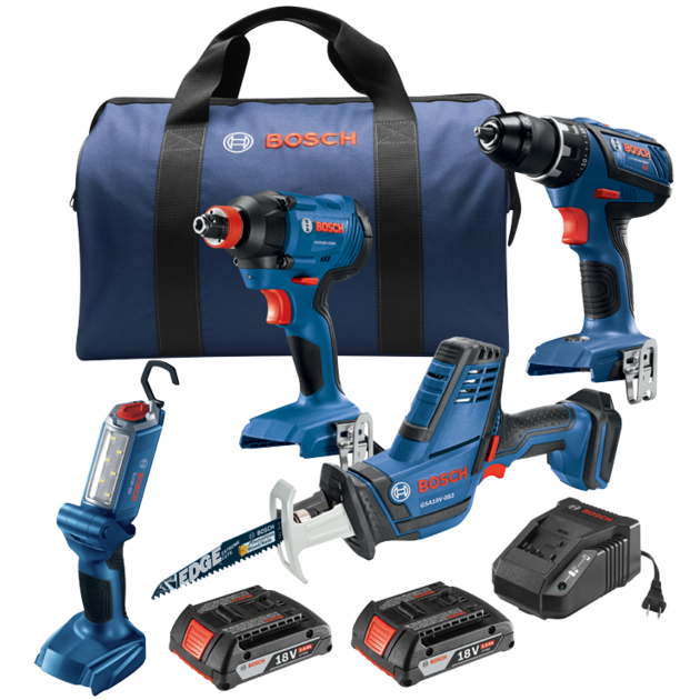18 V 4-Tool Combo Kit with Compact Tough 1/2 In. Drill/Driver, 1/4 In. and 1/2 In. Two-In-One Bit/Socket Impact Driver, Compact Reciprocating Saw and LED Worklight