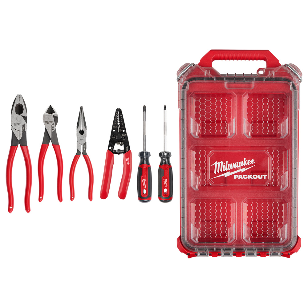 6 PC. Dipped Grip Pliers, Wire Stripper, & Cushion Grip Screwdrivers Set(USA) w/ PACKOUT™ Low-Profile Compact Organizer