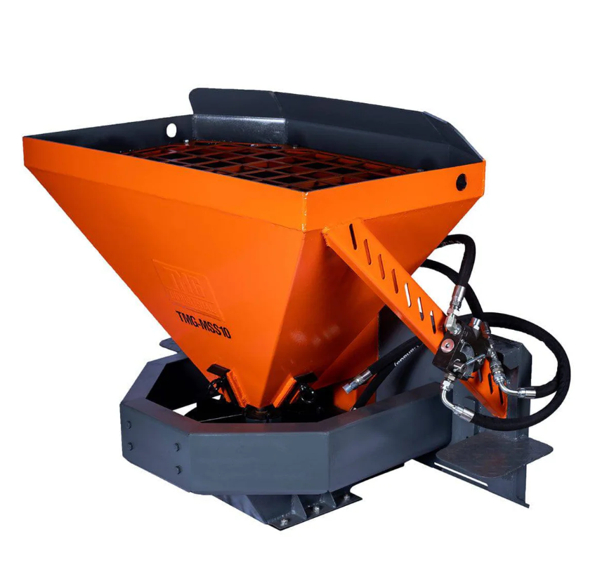 Skid Steer Tilt-N-Scoop Material Spreader, 10 Cu-Ft Capacity, 30’ Wide Spread Range, 6.5-12 GPM Flow Rate, Sidewalk Skirt, Universal Mount