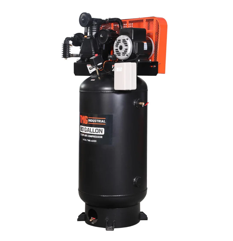 80 Gallon 7.5 HP Stationary Electric Air Compressor, 6 Min Fill Time, 230V Induction Motor, Vertical Tank