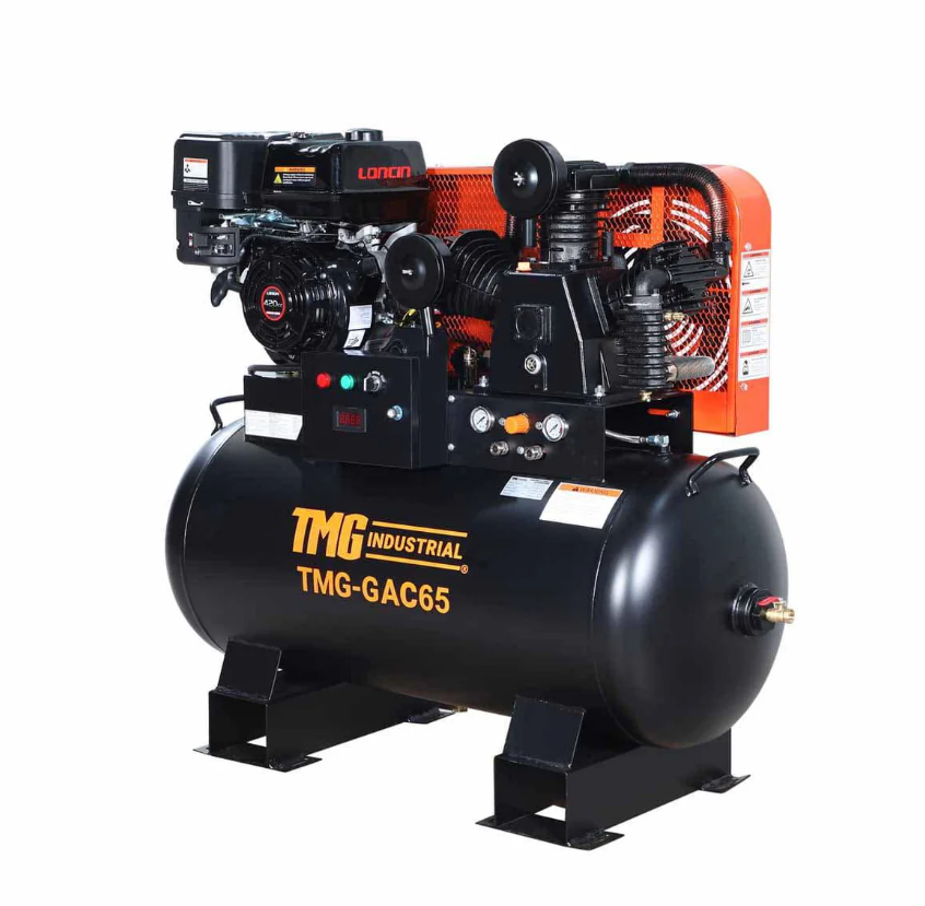 60 Gallon Skid Mount Gas Air Compressor, 2-Stage Belt Drive, 14 HP Engine, Horizontal Tank