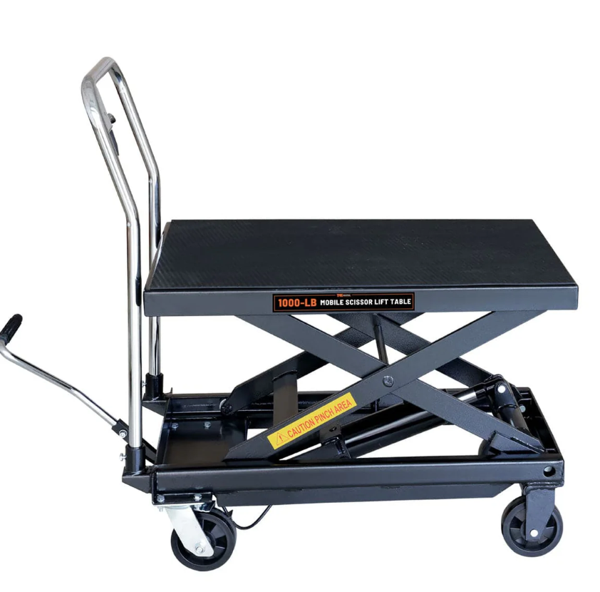1100-lb Mobile Scissor Lift Table, 34" Lifting Height, Foot Pedal Operation, Rubber Padded Tabletop
