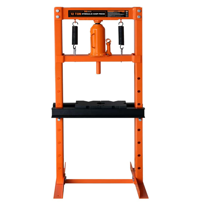 12 Ton Capacity Hydraulic Shop Press, H-Frame, Hand Crank Bottle Jack Pressing, 8 Bed Height Positions
