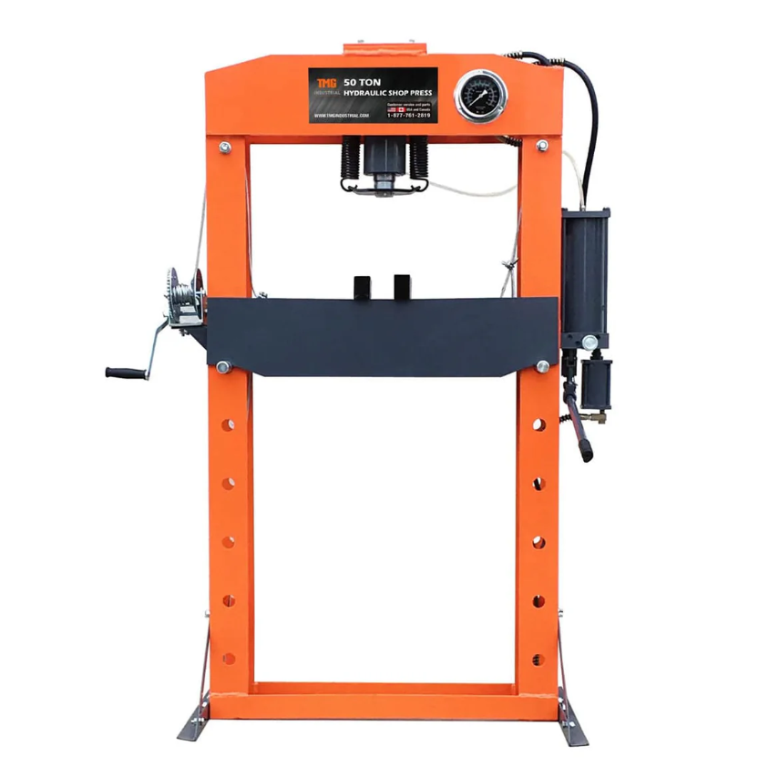 50 Ton Capacity Hydraulic Shop Press, Heavy Duty Pressing, Fully Welded H-Frame, Air & Manual Dual Operation