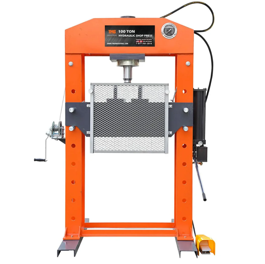 100 Ton Capacity Hydraulic Shop Press, Heavy Duty Pressing, Protective Grid Guard, Fully Welded H-Frame, Air & Manual Dual Operation