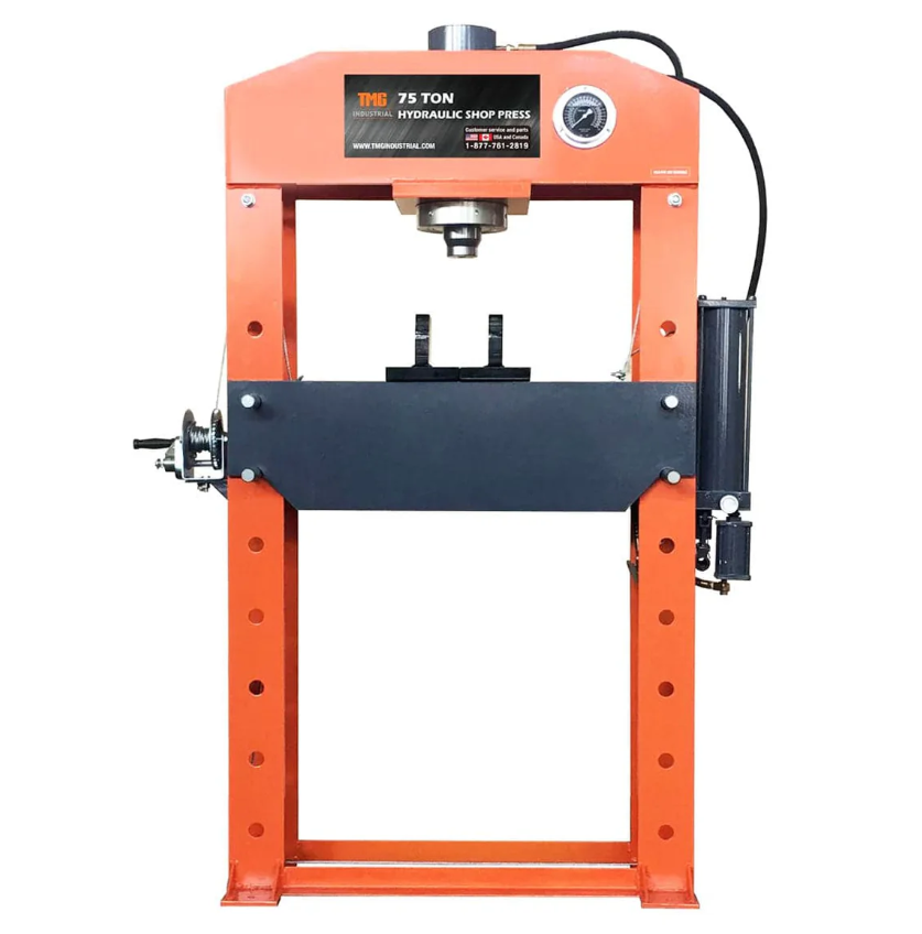 75 Ton Capacity Hydraulic Shop Press, Heavy Duty Pressing, Fully Welded H-Frame, Air & Manual Dual Operation