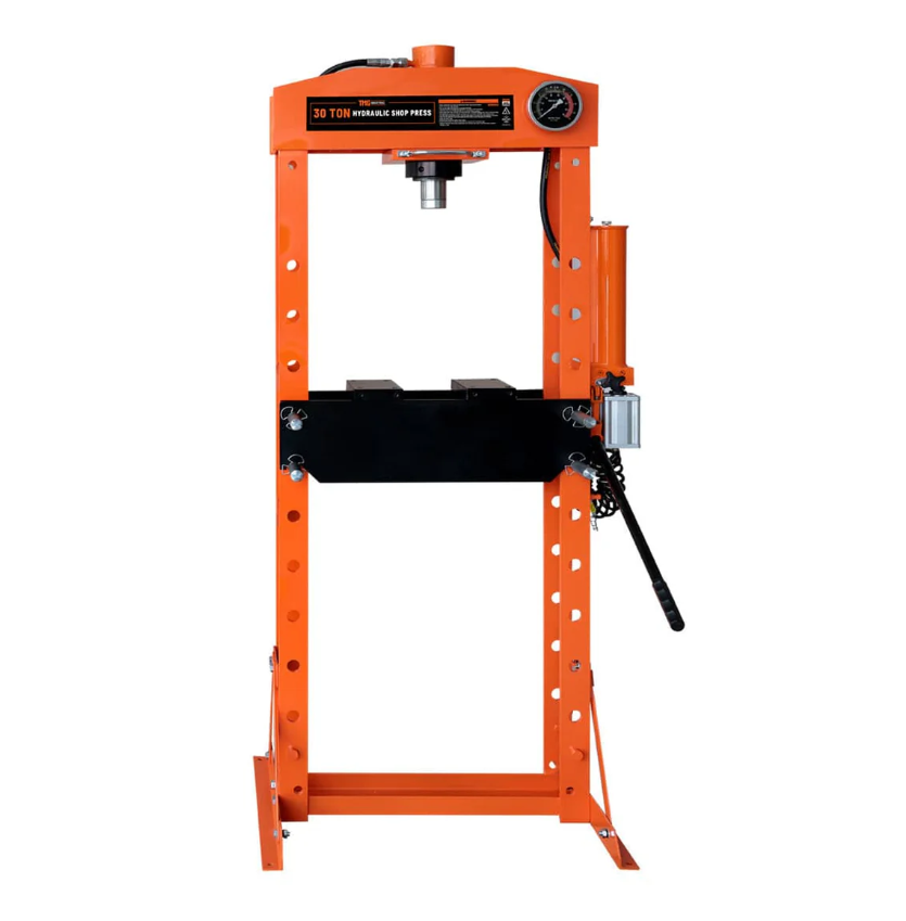 30 Ton Capacity Hydraulic Shop Press, Pneumatic & Manual Operation, 11 Bed Height Positions