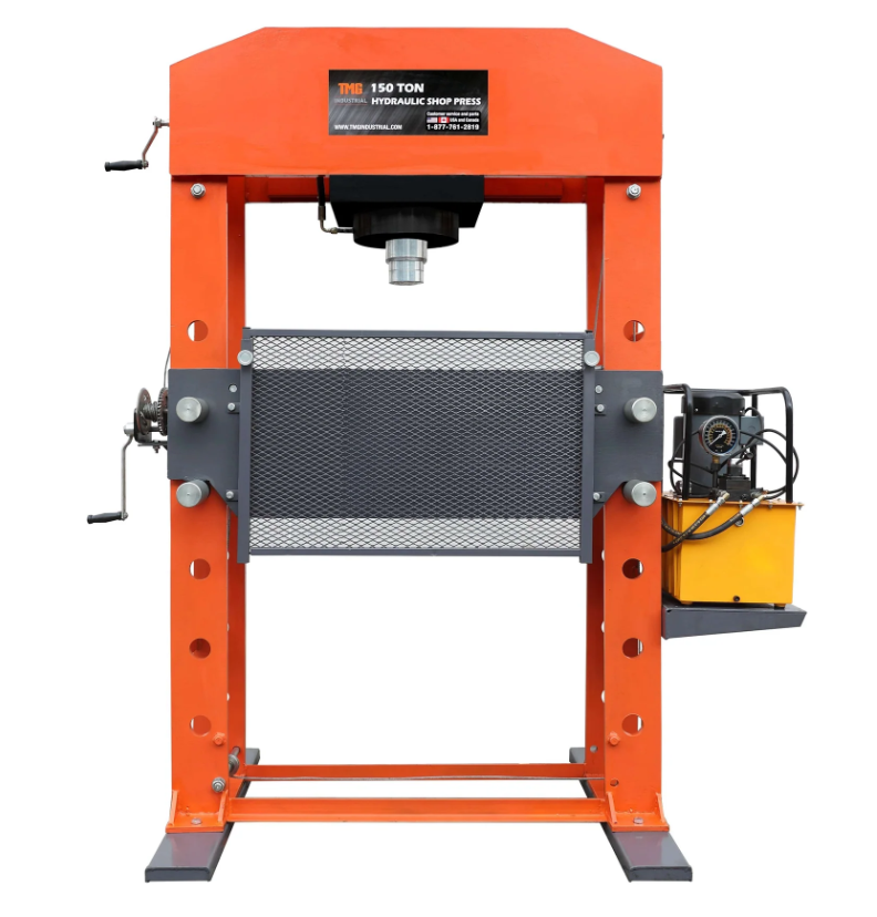 150 Ton Capacity Electric Hydraulic Shop Press, Heavy Duty Pressing, Protective Grid Guard, Fully Welded H-Frame