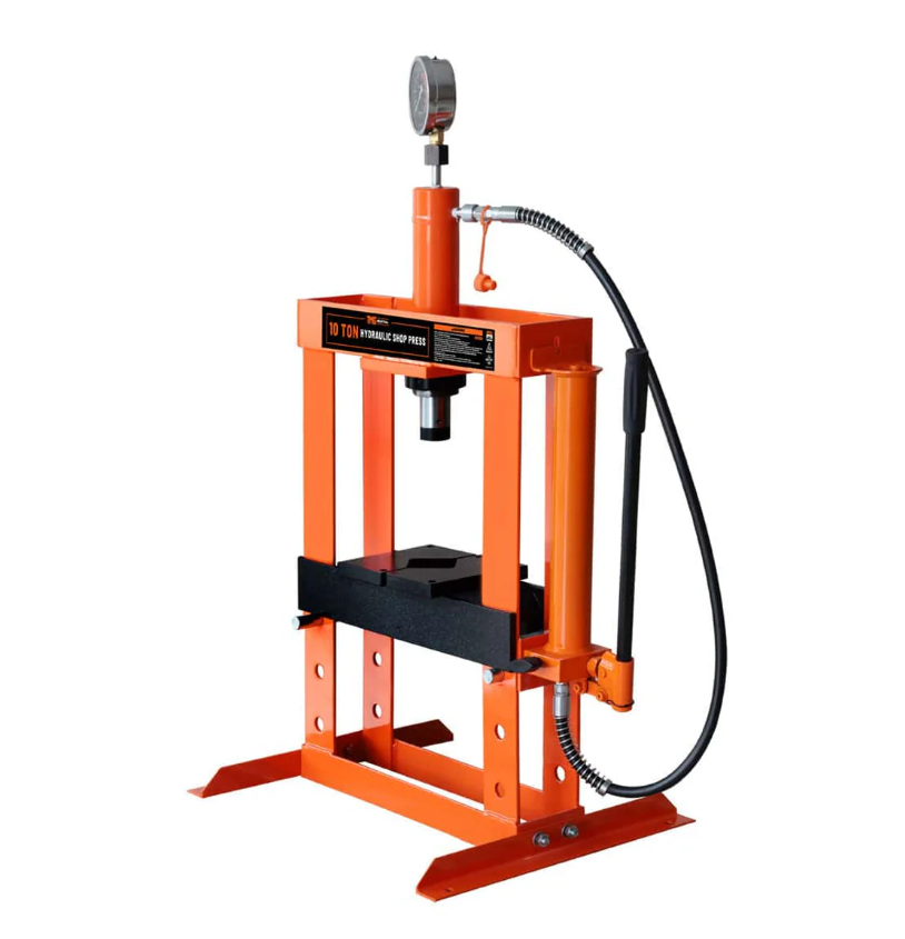 10 Ton Capacity Hydraulic Shop Press, Long Lever Manual Operation, 3 Bed Height Positions