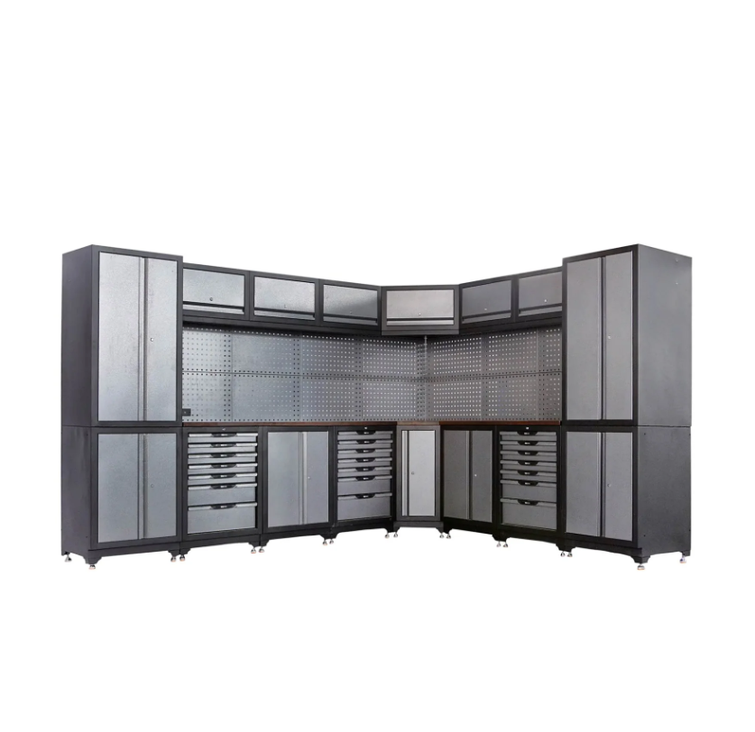 Extreme-Duty Steel Garage Corner (11’ + 8.5’) Tool Chest w/Pegboard, Power Outlets, USB Port, Magnetic Motion LED Lamps