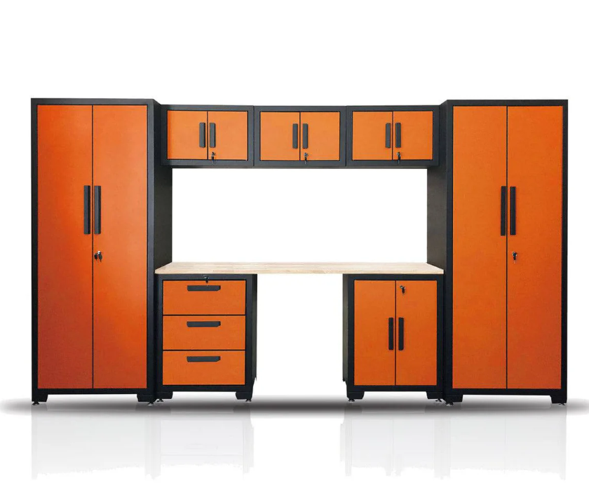 8-Piece Garage Storage Cabinet Combo Set, Fully-Welded, Pre-Sealed Wooden Tabletop, Workbench Station, Lockers, Adjustable Levelling, Matte Black Powder Coated Finish