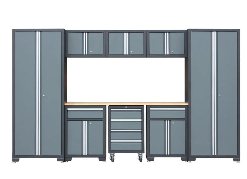Pro Series 9-Piece Garage Storage Cabinet Combo Set w/Rolling Cabinet, Rubber Wood Tabletop, Recessed Aluminum Handles