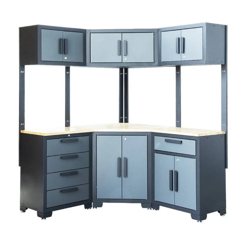Pro Series 9-Piece Corner Garage Cabinet Combo, 3 Overhead Cabinets, 3 Base Cabinets