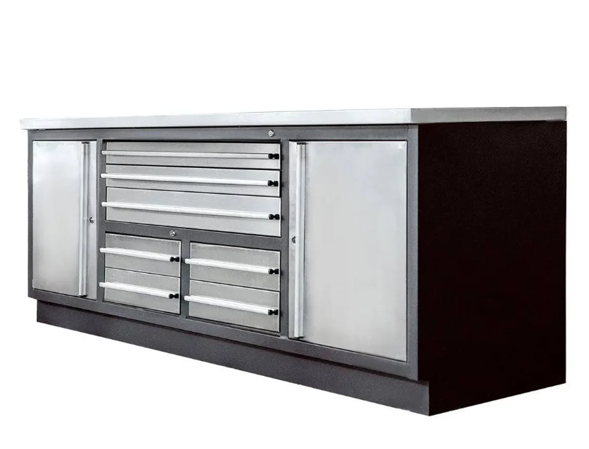 Pro Series 7’ Stainless Steel Workbench, 7 Lockable Drawers, 2 Storage Cabinets, All-in-One Welded Frame