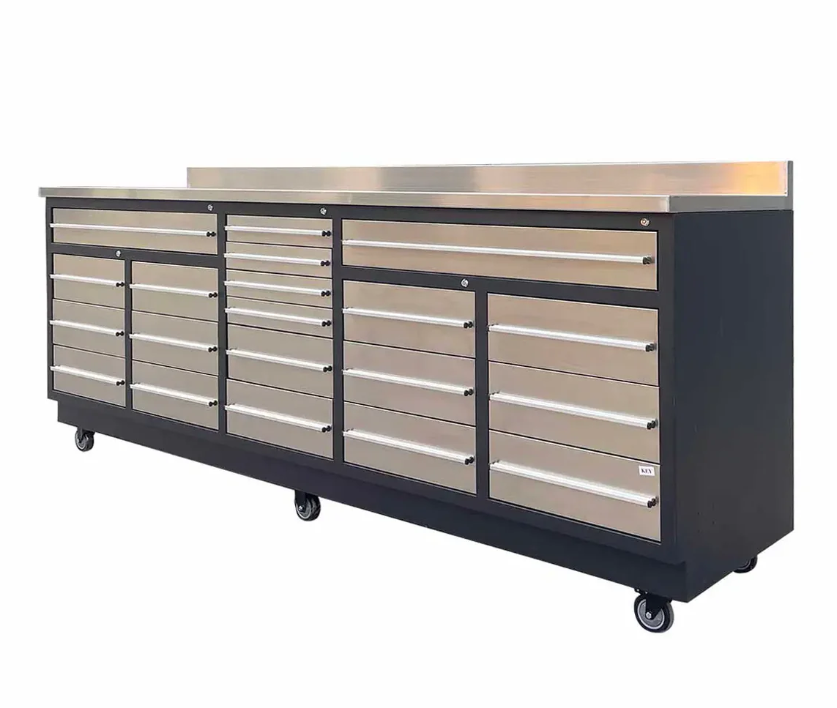 Pro Series 9' 20 Drawer Stainless Steel Workbench, Ball Bearing Double Slides & Casters 