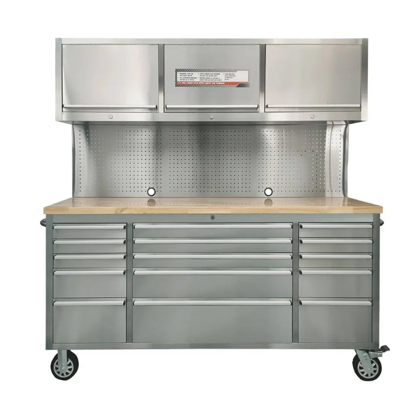 Stainless Steel 72" Rolling Workbench Cabinet Combo, 15 Lockable Drawers, Wall-Mounted Cabinets, Pegboard, Adjustable Shelving