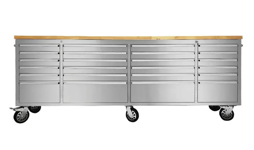 72" Stainless Steel Rolling Workbench, Rubberwood Tabletop, Lockable Drawers and Cabinet, Locking Wheels