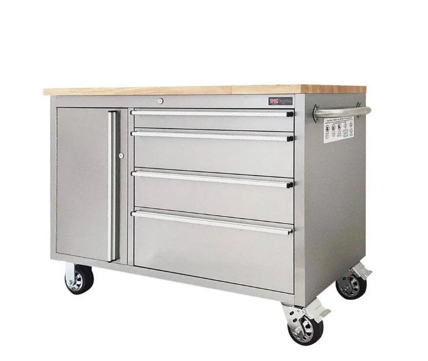 48" Stainless Steel Rolling Workbench, Rubberwood Tabletop, Lockable Drawers and Cabinet, Locking Wheels