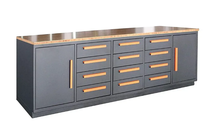 Heavy Duty 10-FT 12 Drawer Bamboo Table Top Workbench, Two Cabinets, All-in-One Welded Frame, Ball Bearing Slides