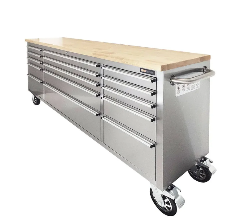72" Stainless Steel Rolling Workbench, Rubberwood Tabletop, 15 Lockable Drawers, Locking Wheels