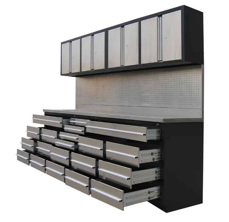 Pro Series 10-FT 20 Drawer Stainless Steel Workbench Cabinet Combo, Stainless Steel Tabletop, Pegboard and Drawer Fronts, 20 Lockable Drawers, Wall-Mounted Cabinets, Adjustable Shelving, Fully All-in-one Welded Frame 