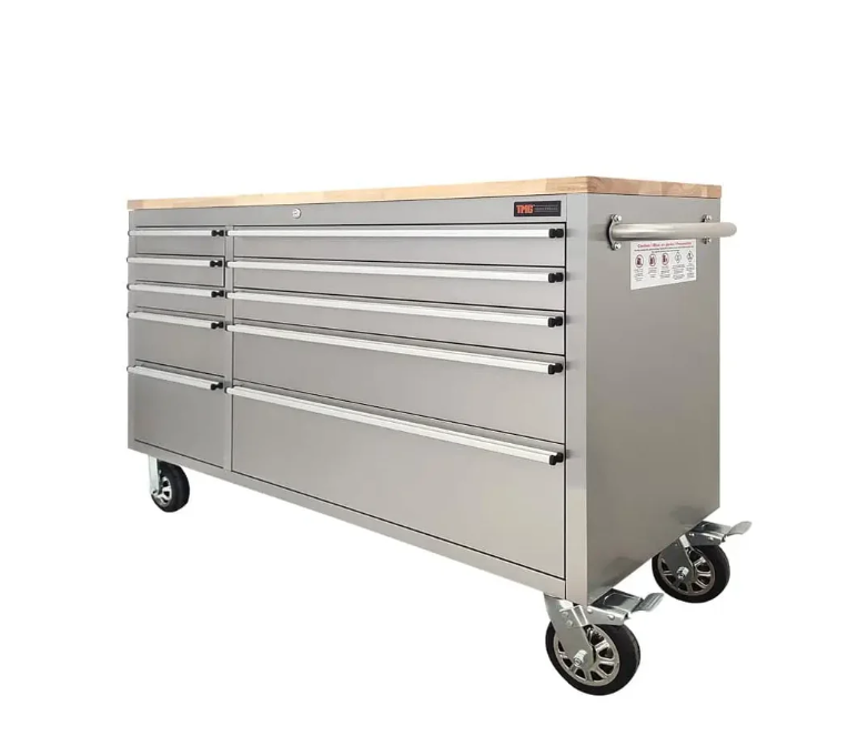 55" Stainless Steel Rolling Workbench, Rubberwood Tabletop, Lockable Drawers, Locking Wheels