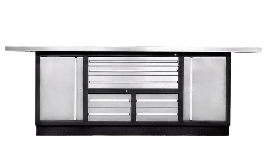 Pro Series Stainless-Steel Extra-Large 85" x 45" Platform Workbench, 7 Lockable Drawers, 2 Storage Cabinets, All-in-One Welded Frame