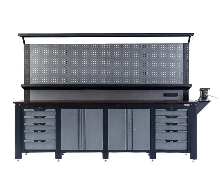 10' Commercial-Grade Workbench w/Pegboard, Solid Wood Top & Bench Vise