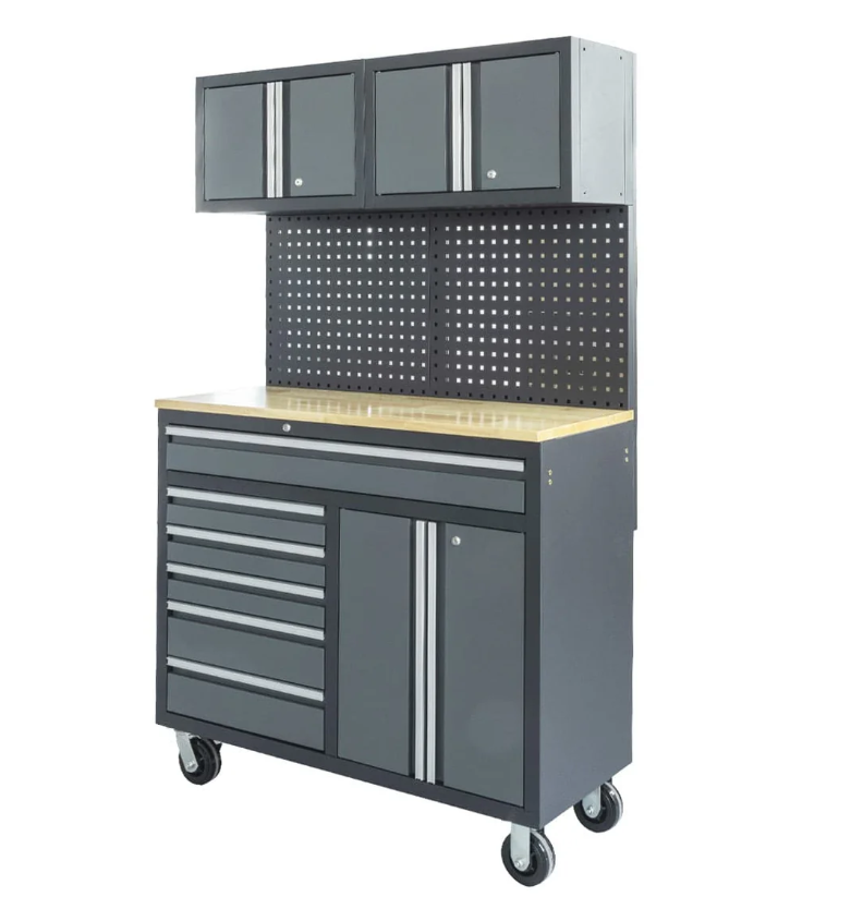4-Foot Workbench Cabinet with 6 Drawers, Pegboard & Solid Wood Worktop