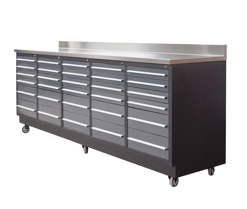 Pro Series 9-Ft 30-Drawer Workbench with Stainless Steel Top, Ball Bearing Double Slides & Casters