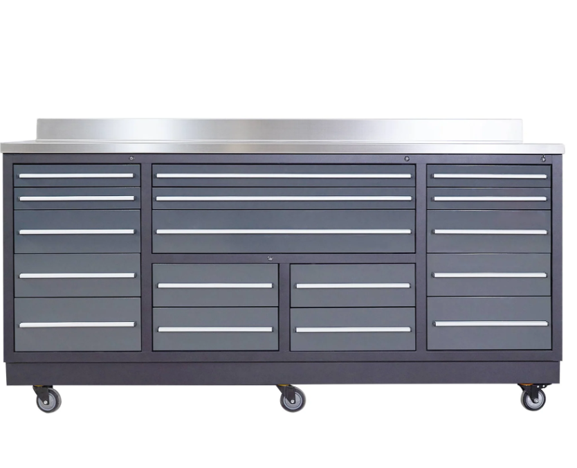 Pro Series 7-Ft 17-Drawer Workbench with Stainless Steel Top, Ball Bearing Double Slides & Casters