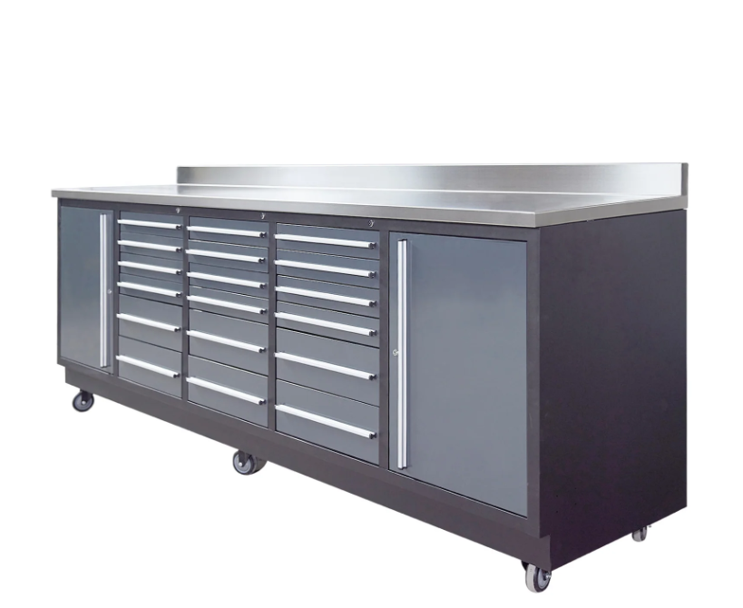 Pro Series 9-Ft 18-Drawer Workbench with Stainless Steel Top, Ball Bearing Double Slides & Casters