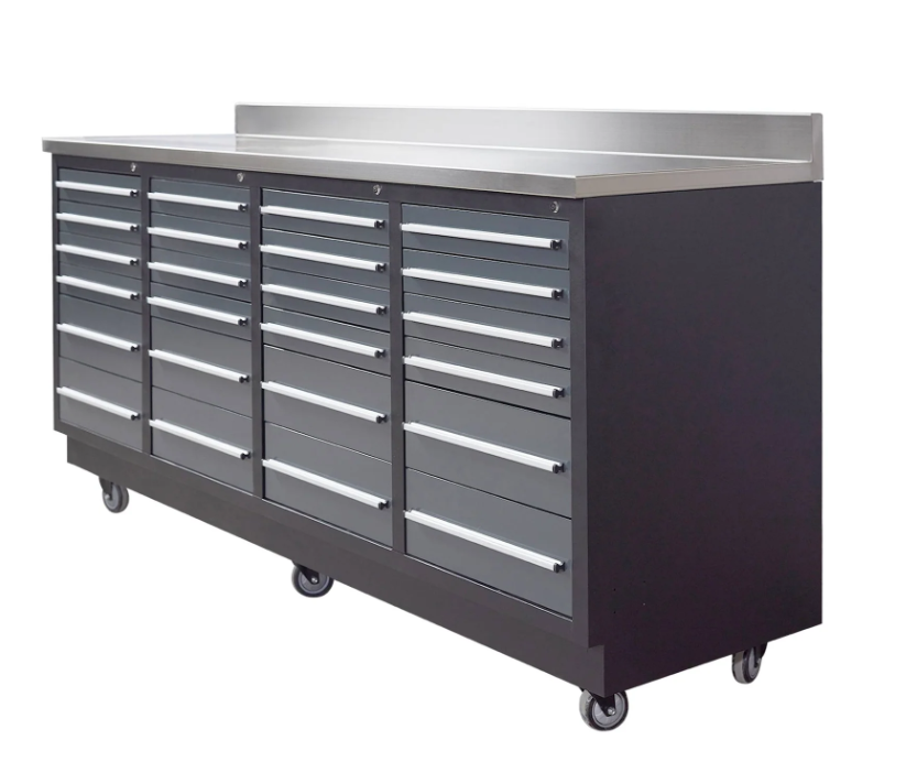 Pro Series 7-Ft 24-Drawer Workbench with Stainless Steel Top, Ball Bearing Double Slides & Casters