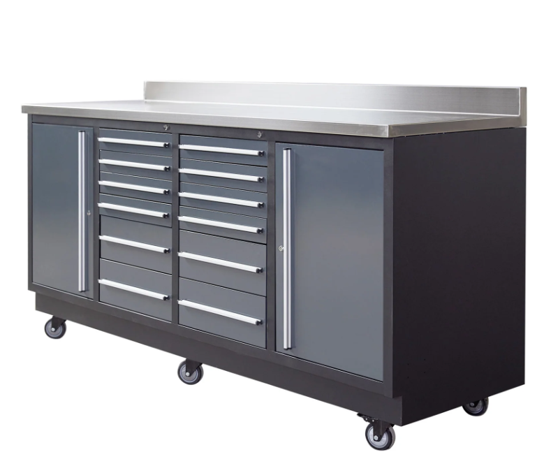 Pro Series 7-Ft 12-Drawer Workbench with Stainless Steel Top, Ball Bearing Double Slides & Casters