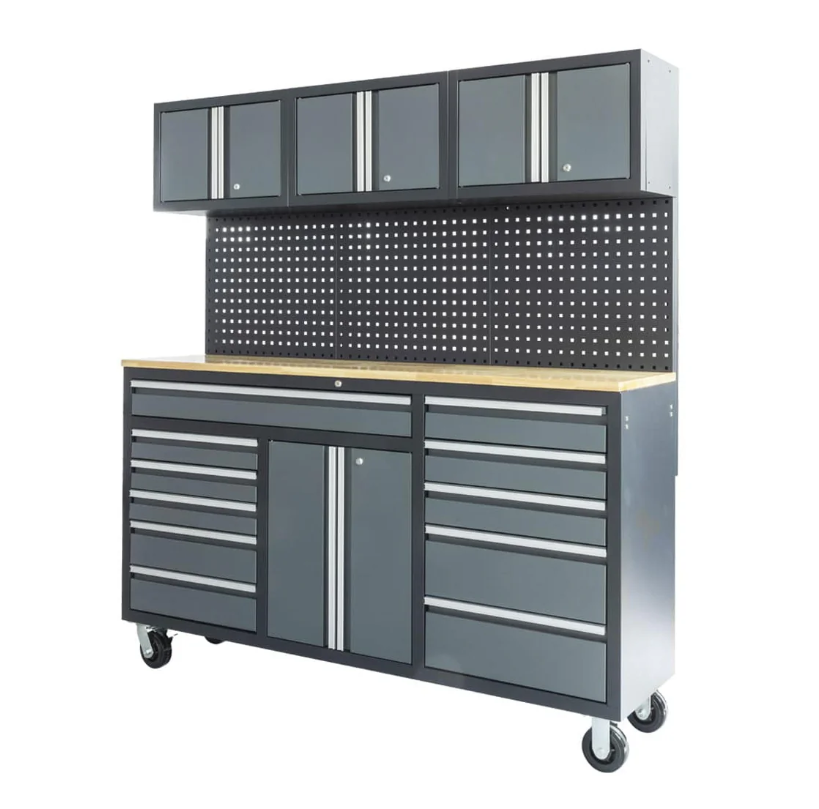 Pro Series 72" 11-Drawer Workstation Cabinet Combo with Pegboard, 1" Wood Benchtop