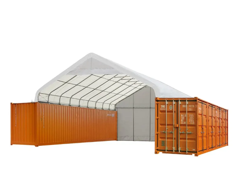 30' x 40' PVC Fabric Container Peak Roof Shelter with End Wall & Partial Front Drop Pro Series, Fire Retardant, Water Resistant, UV Protected