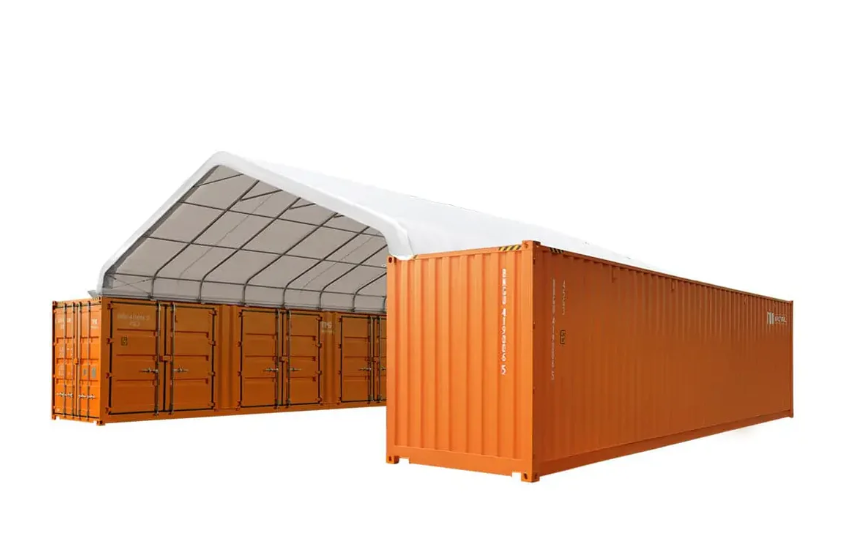 30' x 40' Peaked Roof Container Shelter with 11 oz PE Tarpaulin, 7' Ceiling Height